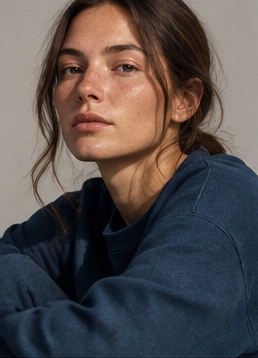 Woman in an indigo cotton sweatshirt against a plaster wall