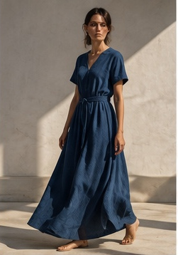Woman walking in a long indigo cotton dress in sunlight