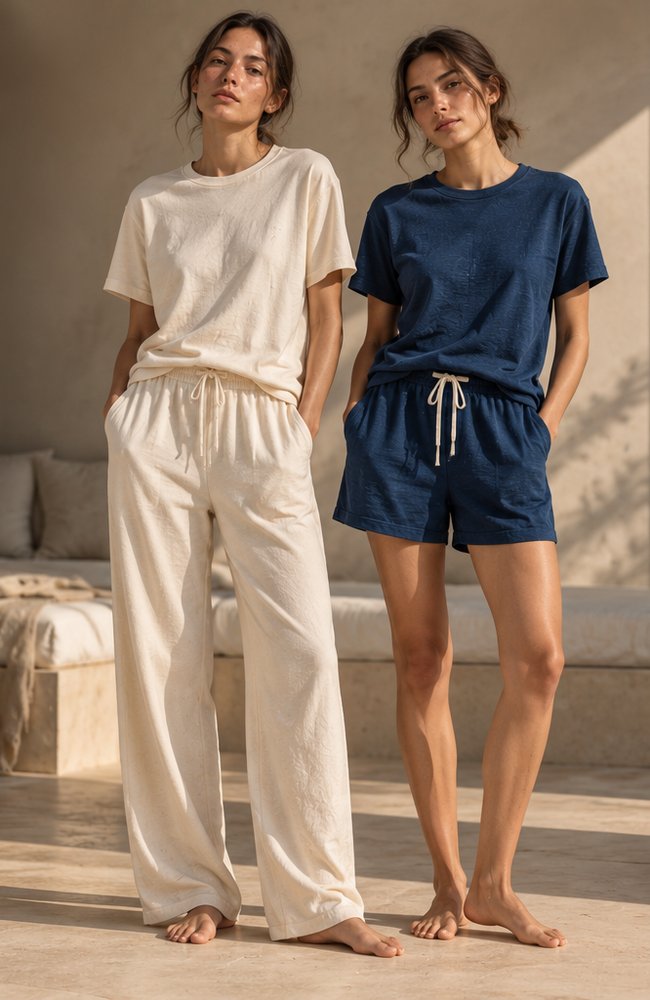 Two women in NIRAMA sleepwear sets: raw cotton T-shirt with drawcord trousers, and indigo T-shirt with drawcord shorts
